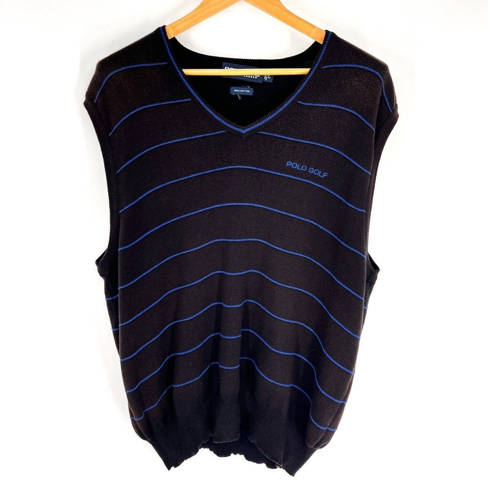 POLO GOLF RALPH LAUREN Sleeveless Sweater Vest Size L Brown V-Neck Stripe Cotton